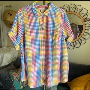 Pastel Plaid Camp Shirt Woman Within Shirt Plus Size 22/24